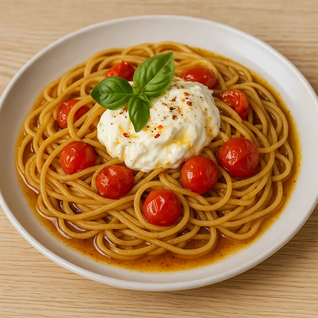 Pasta med brunet smør, tomat og burrata opskrift