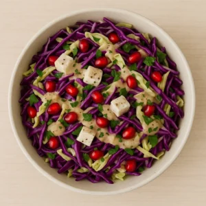 Tahinidresset kålsalat med granatæble opskrift
