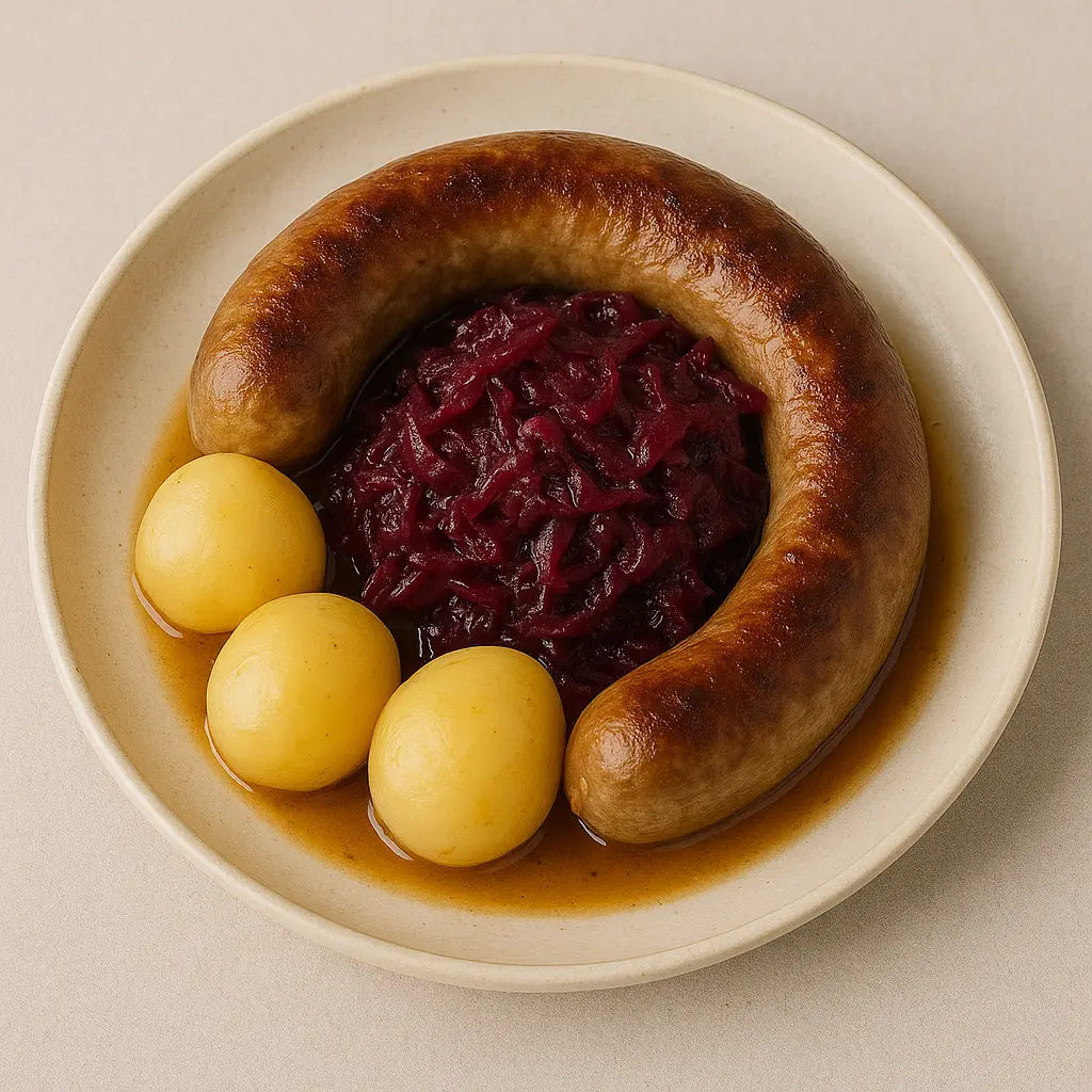 Medisterpølse med rødkål og kartofler opskrift