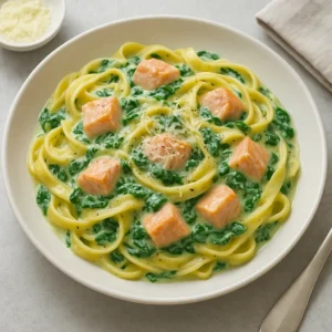 Pasta med cremet spinat og laks opskrift