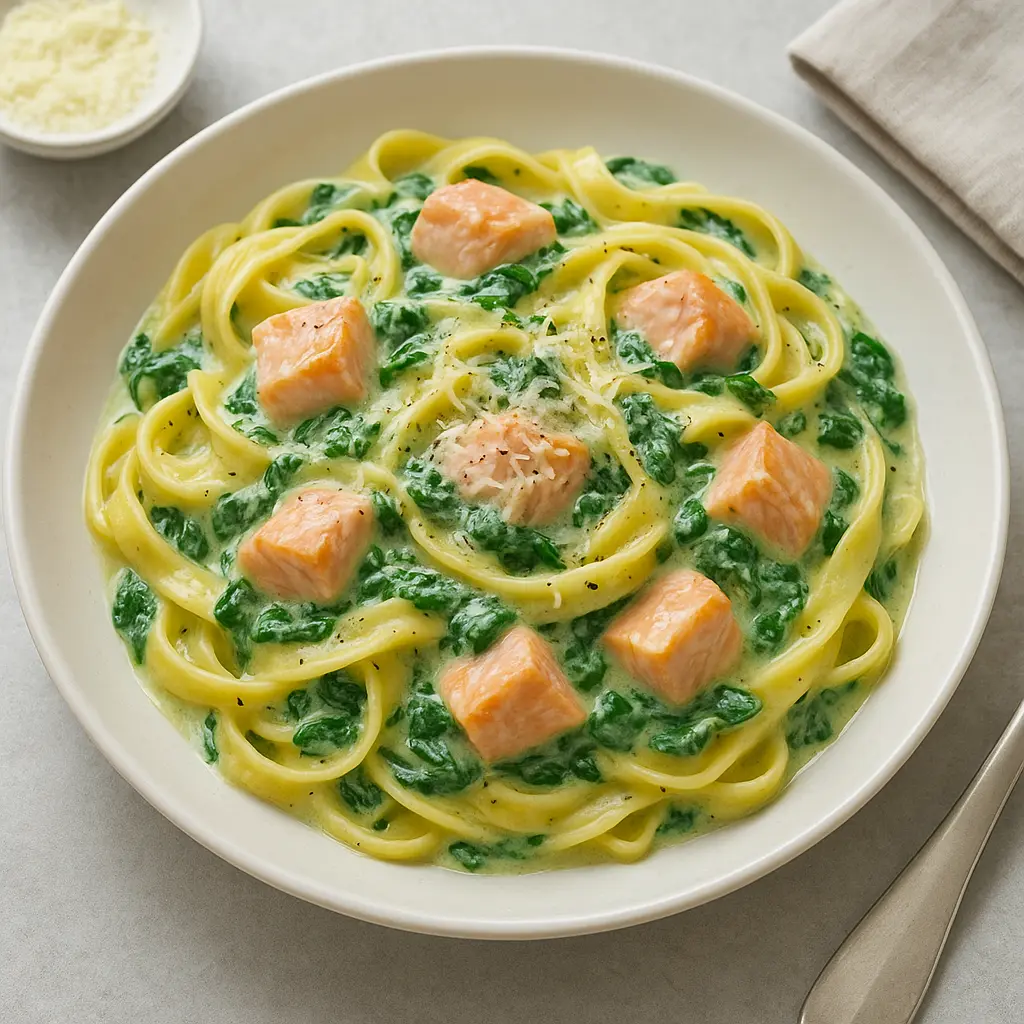 Pasta med cremet spinat og laks opskrift