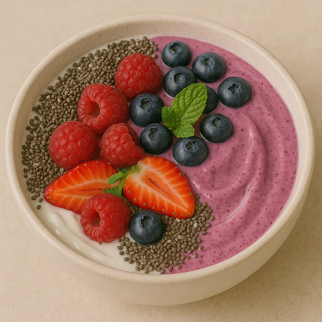 Smoothie bowl med skyr, skovbær og chiafrø opskrift