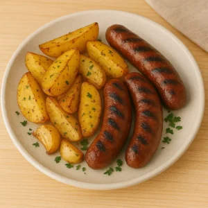 Græske pølser med ovnkartofler (Loukaniko me patates) opskrift