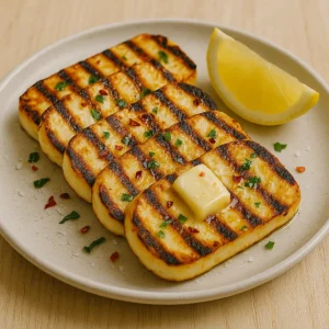 Grillet halloumi med citron og chili opskrift