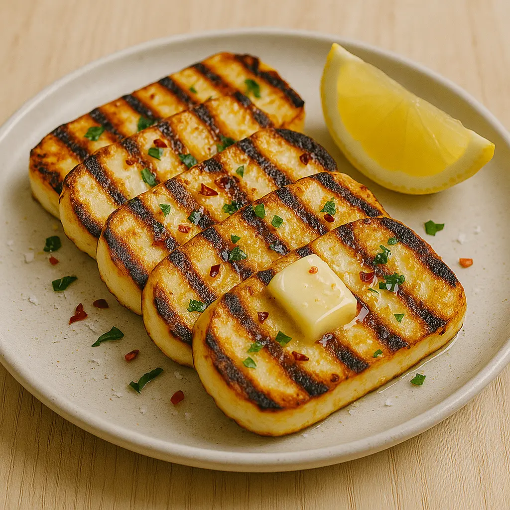 Grillet halloumi med citron og chili opskrift