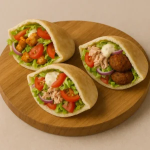 Pita med fyld (kylling, tun, falafel) opskrift