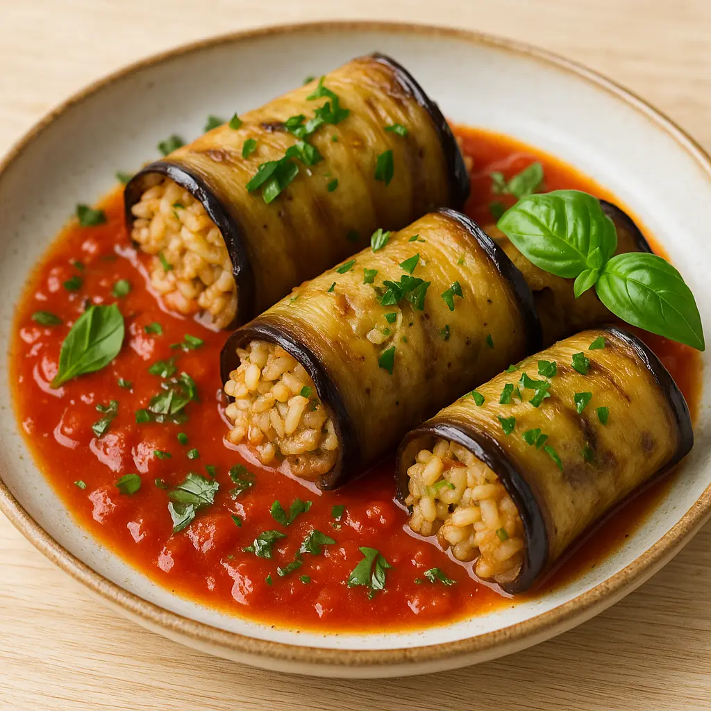 Aubergineruller med tomatsauce og risfyld opskrift