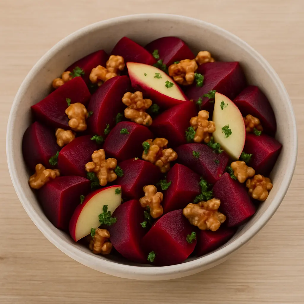 Rødbedesalat med æbler og valnødder opskrift