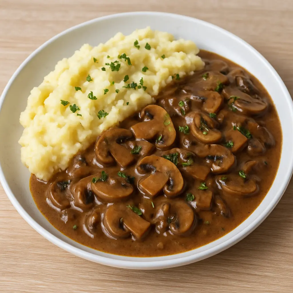 Vegansk stroganoff med kartoffelmos opskrift