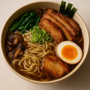 Ramen (japansk nudelsuppe med bouillon, kød og toppings) opskrift