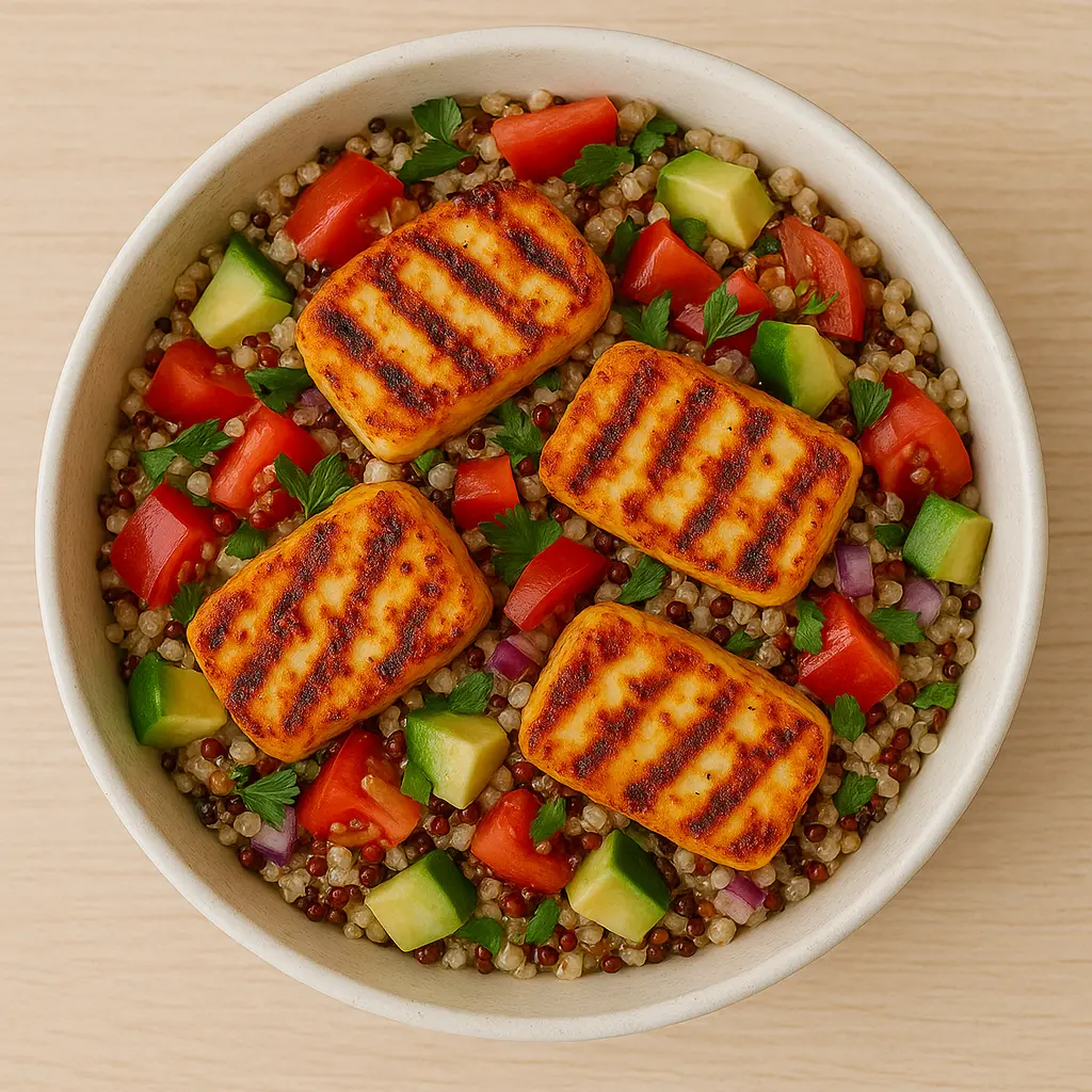 Chilimarineret halloumisalat med quinoa opskrift